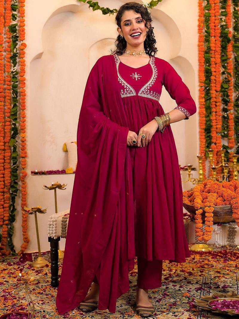 Women Ethnic Motifs Embroidered Anarkali Kurta with Trousers & Dupatta