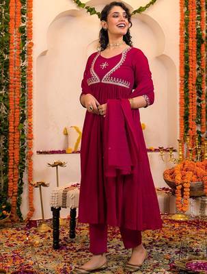 Women Ethnic Motifs Embroidered Anarkali Kurta with Trousers & Dupatta 6