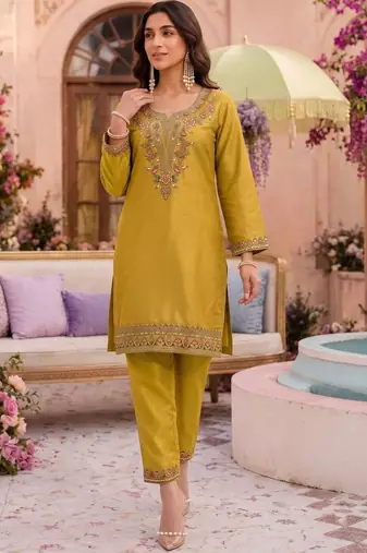 Embroidery Work Mustard Yellow Silk Blend Co Ords for Women
