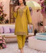 Embroidery Work Mustard Yellow Silk Blend Co Ords for Women