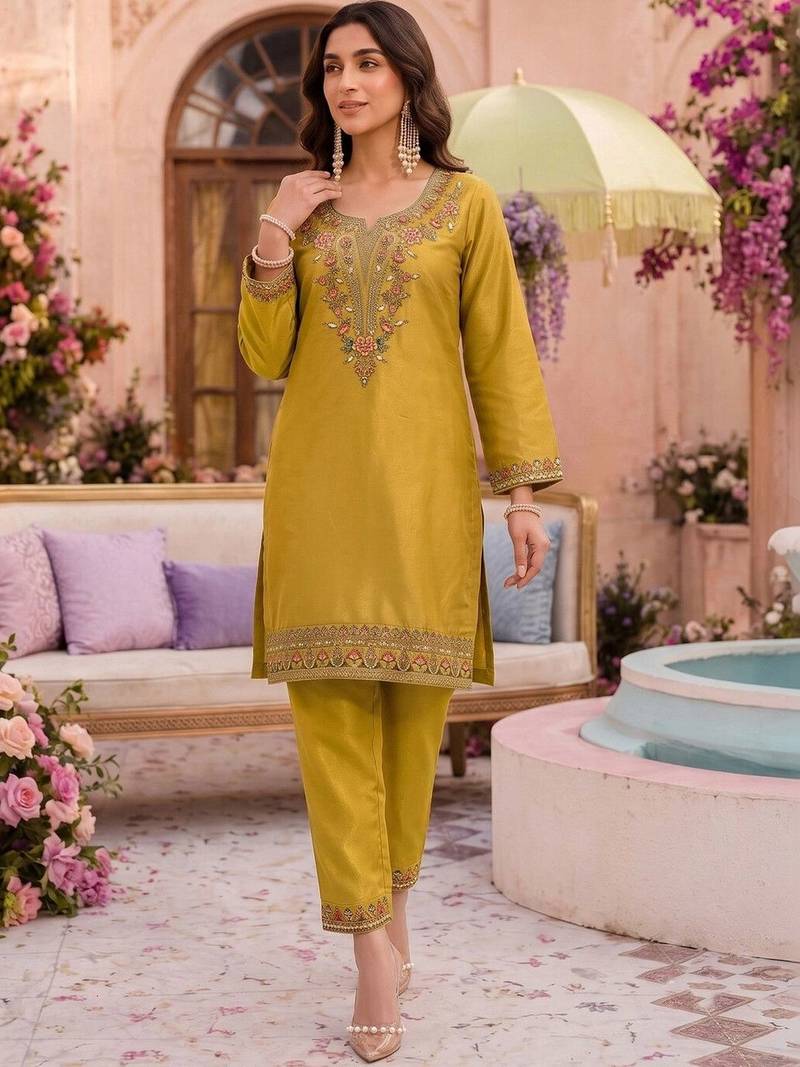 Embroidery Work Mustard Yellow Silk Blend Co Ords for Women