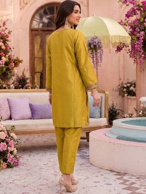 Embroidery Work Mustard Yellow Silk Blend Co Ords for Women 2