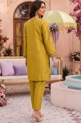 Embroidery Work Mustard Yellow Silk Blend Co Ords for Women