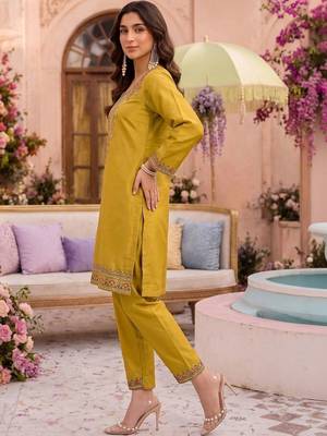 Embroidery Work Mustard Yellow Silk Blend Co Ords for Women 3