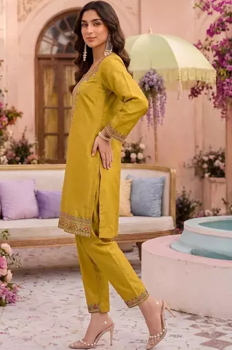 Embroidery Work Mustard Yellow Silk Blend Co Ords for Women