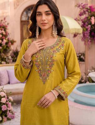 Embroidery Work Mustard Yellow Silk Blend Co Ords for Women 4