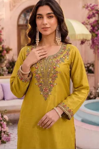 Embroidery Work Mustard Yellow Silk Blend Co Ords for Women