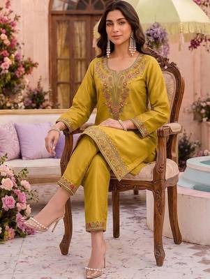 Embroidery Work Mustard Yellow Silk Blend Co Ords for Women 5