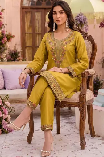 Embroidery Work Mustard Yellow Silk Blend Co Ords for Women