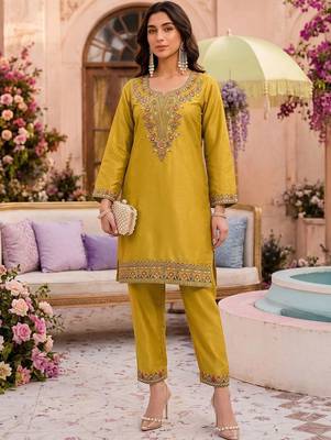Embroidery Work Mustard Yellow Silk Blend Co Ords for Women 6