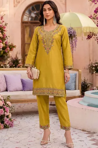 Embroidery Work Mustard Yellow Silk Blend Co Ords for Women