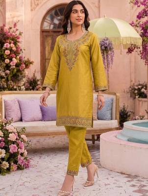 Embroidery Work Mustard Yellow Silk Blend Co Ords for Women 7