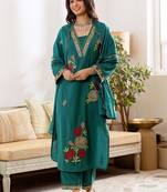 Women Floral Embroidered Regular Thread Work Kurta with Trousers & With Dupatta