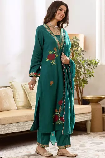 Women Floral Embroidered Regular Thread Work Kurta with Trousers & With Dupatta