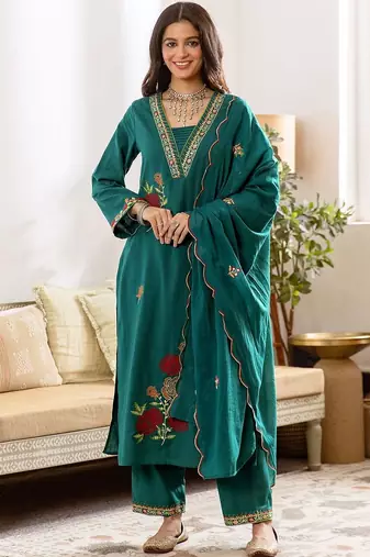 Women Floral Embroidered Regular Thread Work Kurta with Trousers & With Dupatta