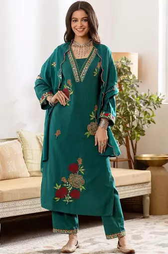 Women Floral Embroidered Regular Thread Work Kurta with Trousers & With Dupatta