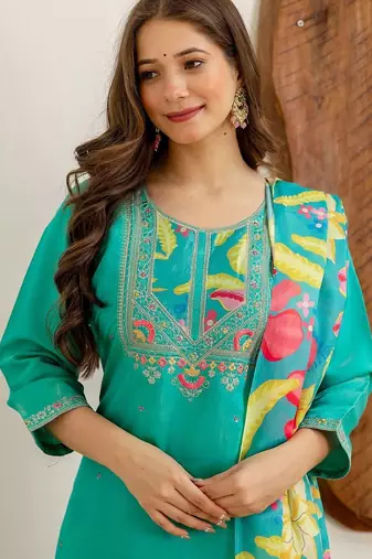 Floral Embroidered Sequinned Straight Kurta With Trousers & Dupatta