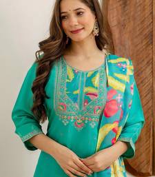 Floral Embroidered Sequinned Straight Kurta With Trousers & Dupatta