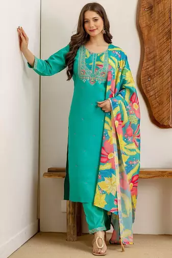 Floral Embroidered Sequinned Straight Kurta With Trousers & Dupatta