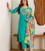 Floral Embroidered Sequinned Straight Kurta With Trousers & Dupatta