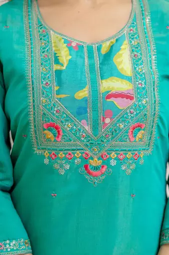 Floral Embroidered Sequinned Straight Kurta With Trousers & Dupatta