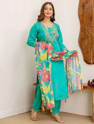 Floral Embroidered Sequinned Straight Kurta With Trousers & Dupatta 5