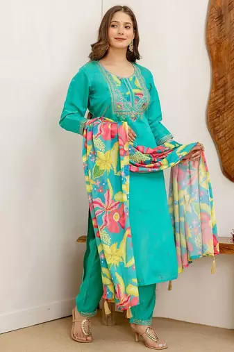 Floral Embroidered Sequinned Straight Kurta With Trousers & Dupatta