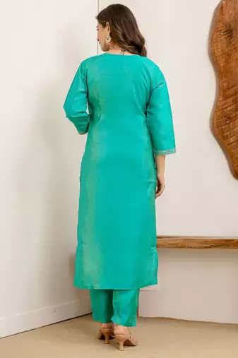 Floral Embroidered Sequinned Straight Kurta With Trousers & Dupatta