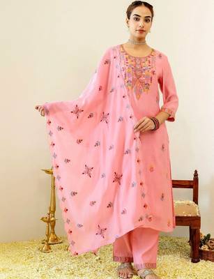 Women Ethnic Motifs Embroidered Regular Thread Work Chanderi Cotton Kurta with Trousers & With Dupatta 1