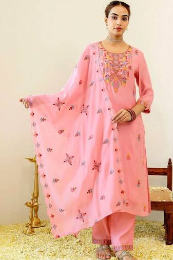 Women Ethnic Motifs Embroidered Regular Thread Work Chanderi Cotton Kurta with Trousers & With Dupatta