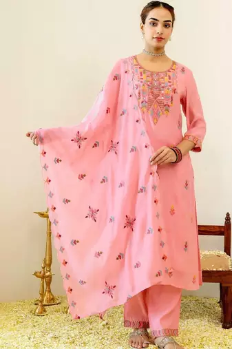 Women Ethnic Motifs Embroidered Regular Thread Work Chanderi Cotton Kurta with Trousers & With Dupatta