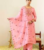Women Ethnic Motifs Embroidered Regular Thread Work Chanderi Cotton Kurta with Trousers & With Dupatta