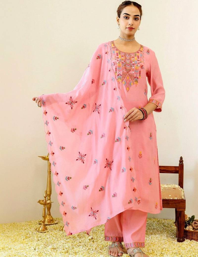 Women Ethnic Motifs Embroidered Regular Thread Work Chanderi Cotton Kurta with Trousers & With Dupatta