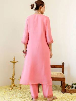 Women Ethnic Motifs Embroidered Regular Thread Work Chanderi Cotton Kurta with Trousers & With Dupatta 2