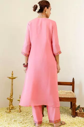 Women Ethnic Motifs Embroidered Regular Thread Work Chanderi Cotton Kurta with Trousers & With Dupatta