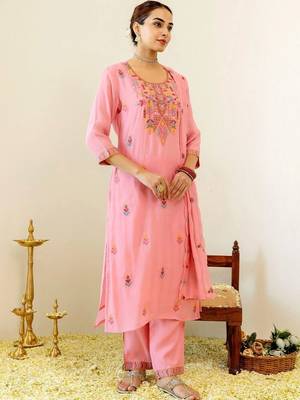 Women Ethnic Motifs Embroidered Regular Thread Work Chanderi Cotton Kurta with Trousers & With Dupatta 3