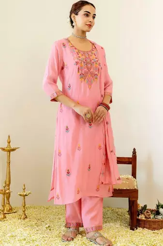 Women Ethnic Motifs Embroidered Regular Thread Work Chanderi Cotton Kurta with Trousers & With Dupatta