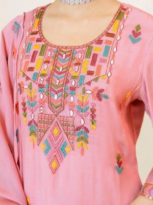 Women Ethnic Motifs Embroidered Regular Thread Work Chanderi Cotton Kurta with Trousers & With Dupatta 4
