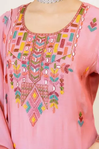 Women Ethnic Motifs Embroidered Regular Thread Work Chanderi Cotton Kurta with Trousers & With Dupatta