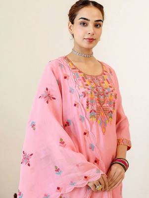 Women Ethnic Motifs Embroidered Regular Thread Work Chanderi Cotton Kurta with Trousers & With Dupatta 5