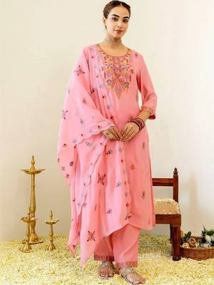Women Ethnic Motifs Embroidered Regular Thread Work Chanderi Cotton Kurta with Trousers & With Dupatta 6