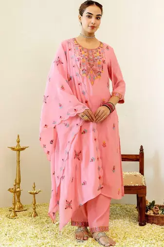 Women Ethnic Motifs Embroidered Regular Thread Work Chanderi Cotton Kurta with Trousers & With Dupatta