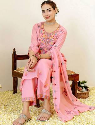 Women Ethnic Motifs Embroidered Regular Thread Work Chanderi Cotton Kurta with Trousers & With Dupatta 7
