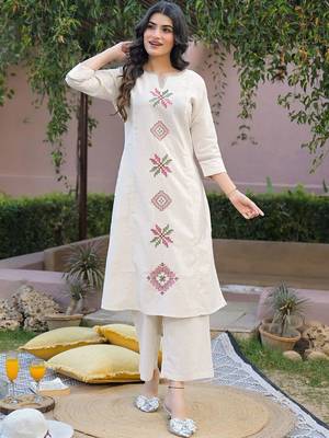 Embroidered Beige Cotton Blend Co Ords for Women 1