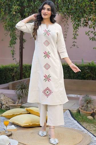 Embroidered Beige Cotton Blend Co Ords for Women