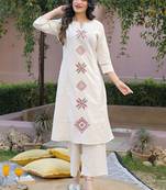 Embroidered Beige Cotton Blend Co Ords for Women