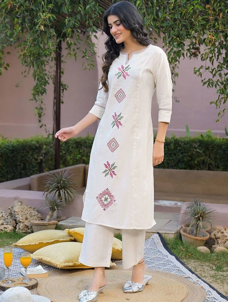 Embroidered Beige Cotton Blend Co Ords for Women