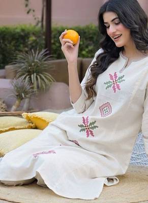 Embroidered Beige Cotton Blend Co Ords for Women 4
