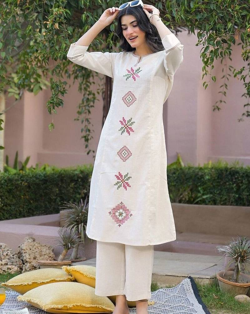 Embroidered Beige Cotton Blend Co Ords for Women