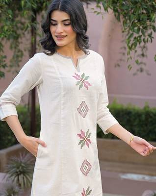 Embroidered Beige Cotton Blend Co Ords for Women 6